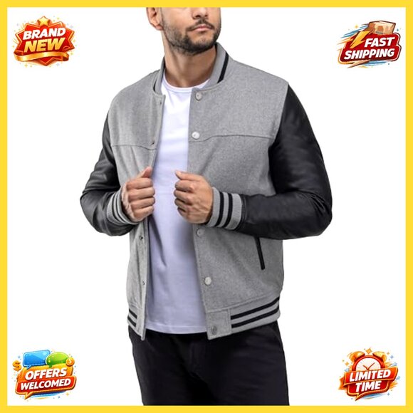 Men's Varsity Bomber Jacket Classic Retro Sporty Casual Lightweight Faux Suede - Picture 7 of 7